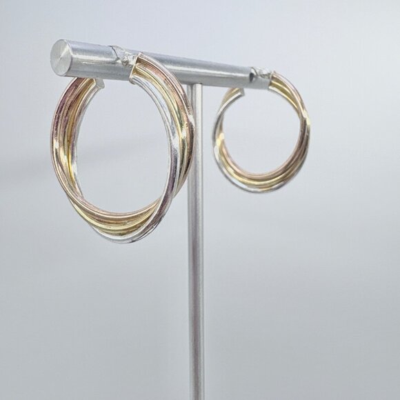 VTG Sterling Silver 925 Tri Tone Triple Hoop Earrings Hinged Post 1.25" Diameter - Picture 2 of 9